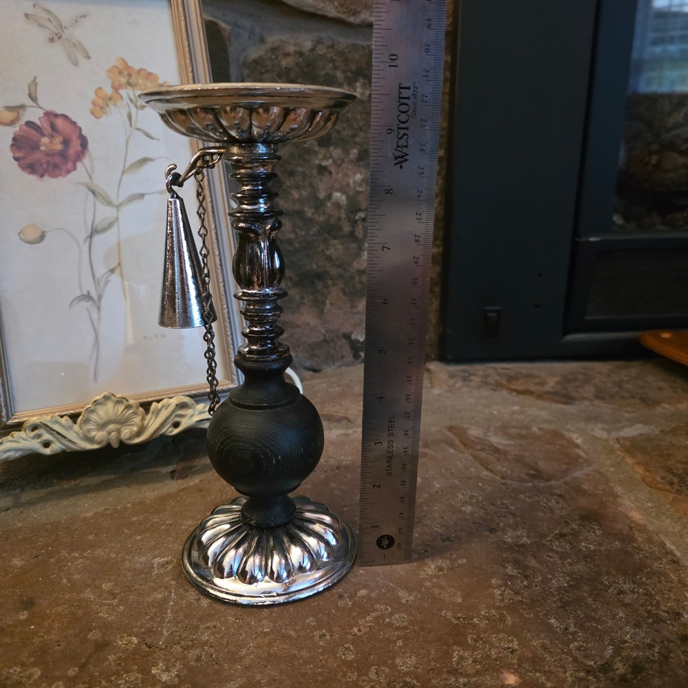 Vintage Silver Tone Metal Wood Candlestick Holder with Attached Snuffer 9.5in